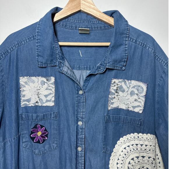 Denim Button-Up Upcycled Shirt Handcrafted Embellishments Boho Western Cotton 3X - Picture 2 of 15